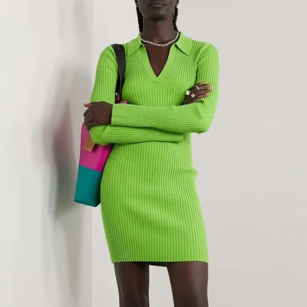 HELMUT LANG LONG SLEEVE NEON RIBBED POLO DRESS XS